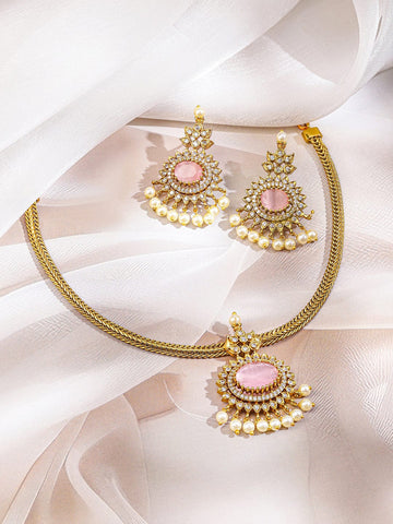 Rubans 22K Gold-Plated Pastel Rose Pink Stone White Cubic Zirconia & Pearl Beaded Necklace Set for Women Necklaces, Necklace Sets, Chains & Mangalsutra