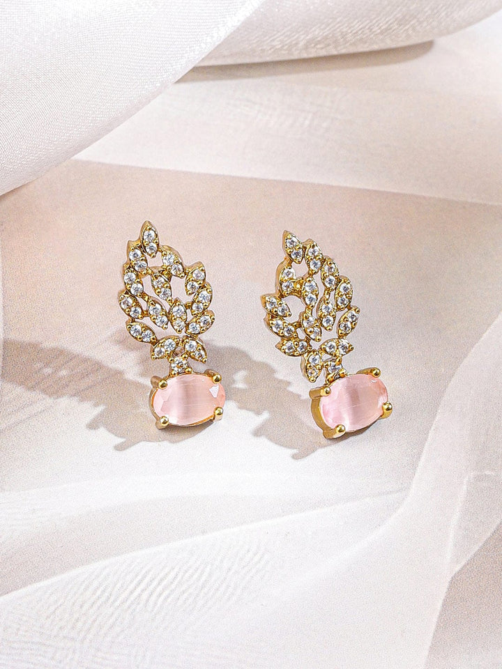 Rubans 22K Gold-Plated Pastel Rose Pink & White Cubic Zirconia Studded Leaf Motif Necklace Set for Women Jewellery Set