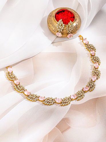 Rubans 22K Gold-Plated Pastel Rose Pink & White Cubic Zirconia Studded Leaf Motif Necklace Set for Women Jewellery Set