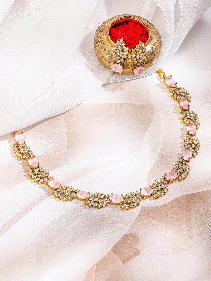 Rubans 22K Gold-Plated Pastel Rose Pink & White Cubic Zirconia Studded Leaf Motif Necklace Set for Women Jewellery Set