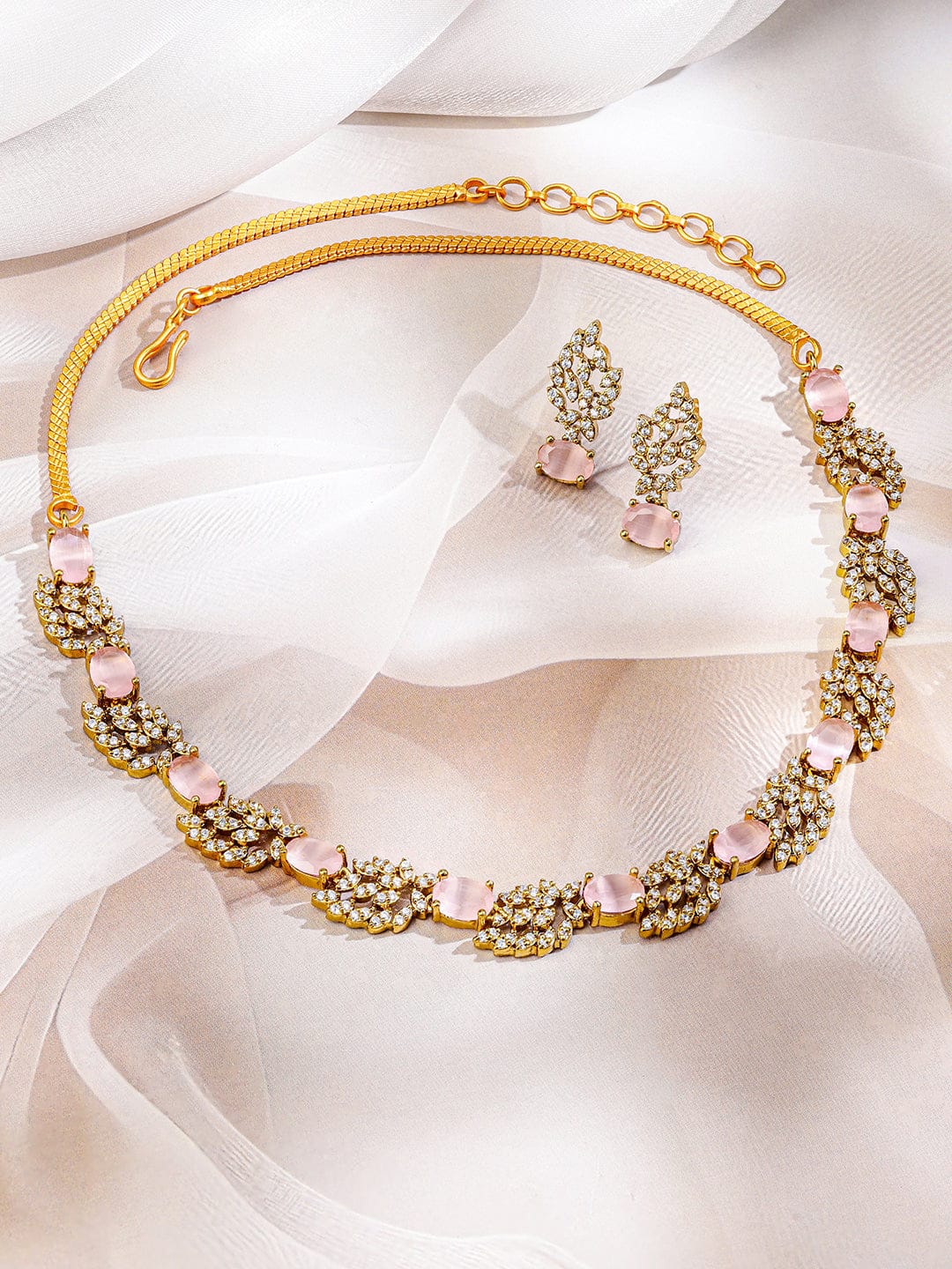 Rubans 22K Gold-Plated Pastel Rose Pink & White Cubic Zirconia Studded Leaf Motif Necklace Set for Women Jewellery Set