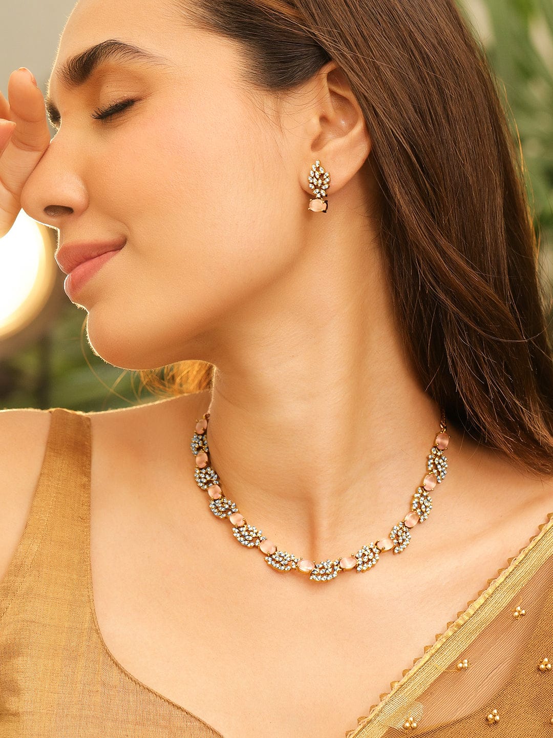 Rubans 22K Gold-Plated Pastel Rose Pink & White Cubic Zirconia Studded Leaf Motif Necklace Set for Women Jewellery Set