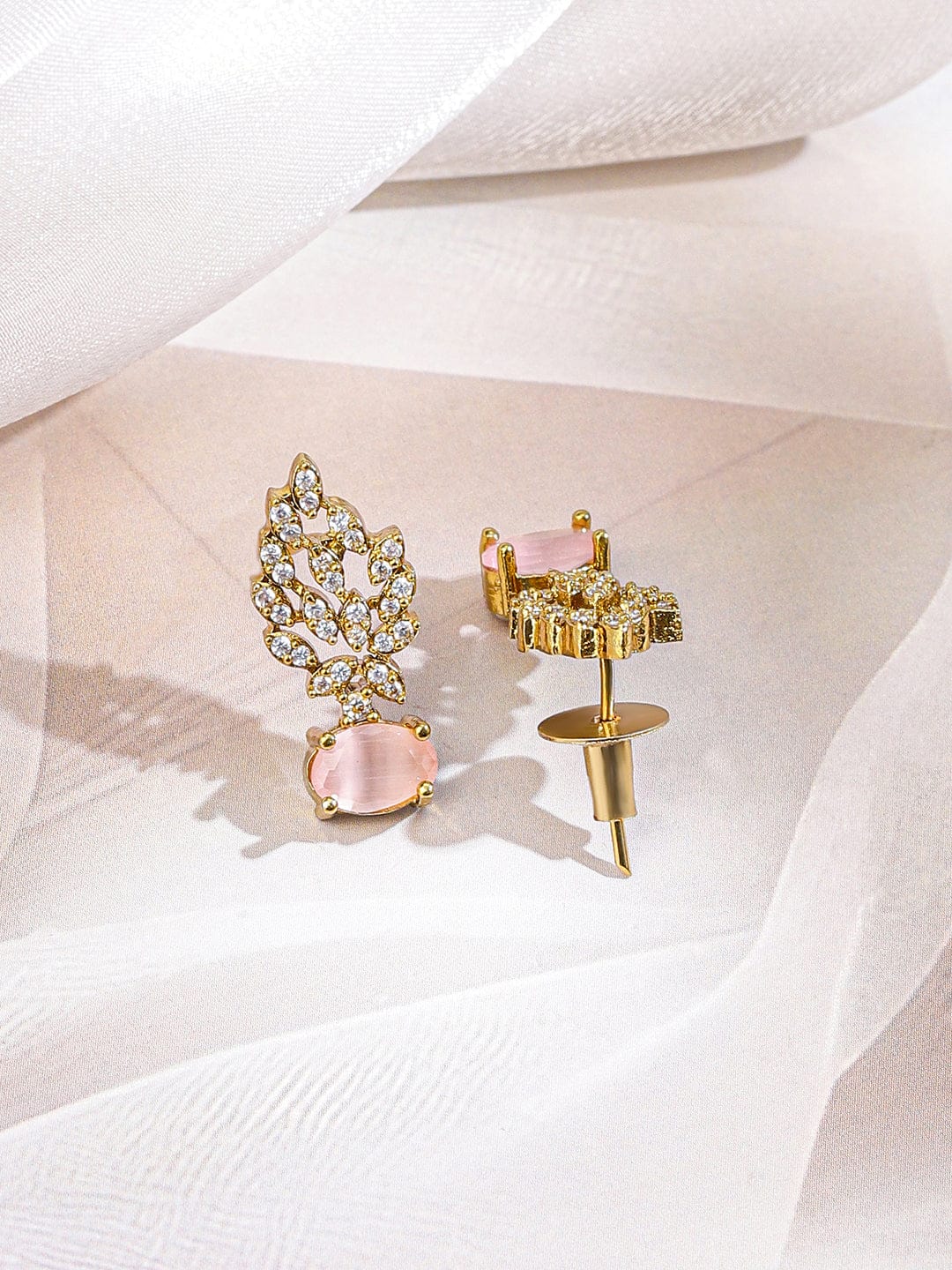 Rubans 22K Gold-Plated Pastel Rose Pink & White Cubic Zirconia Studded Leaf Motif Necklace Set for Women Jewellery Set