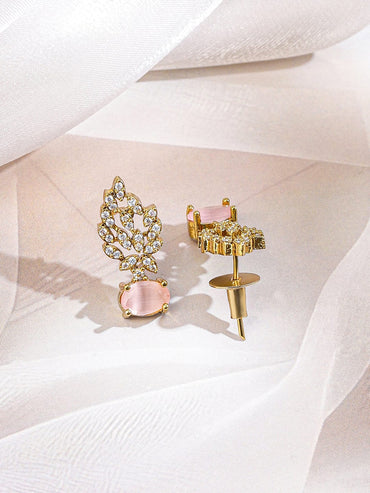 Rubans 22K Gold-Plated Pastel Rose Pink & White Cubic Zirconia Studded Leaf Motif Necklace Set for Women Jewellery Set