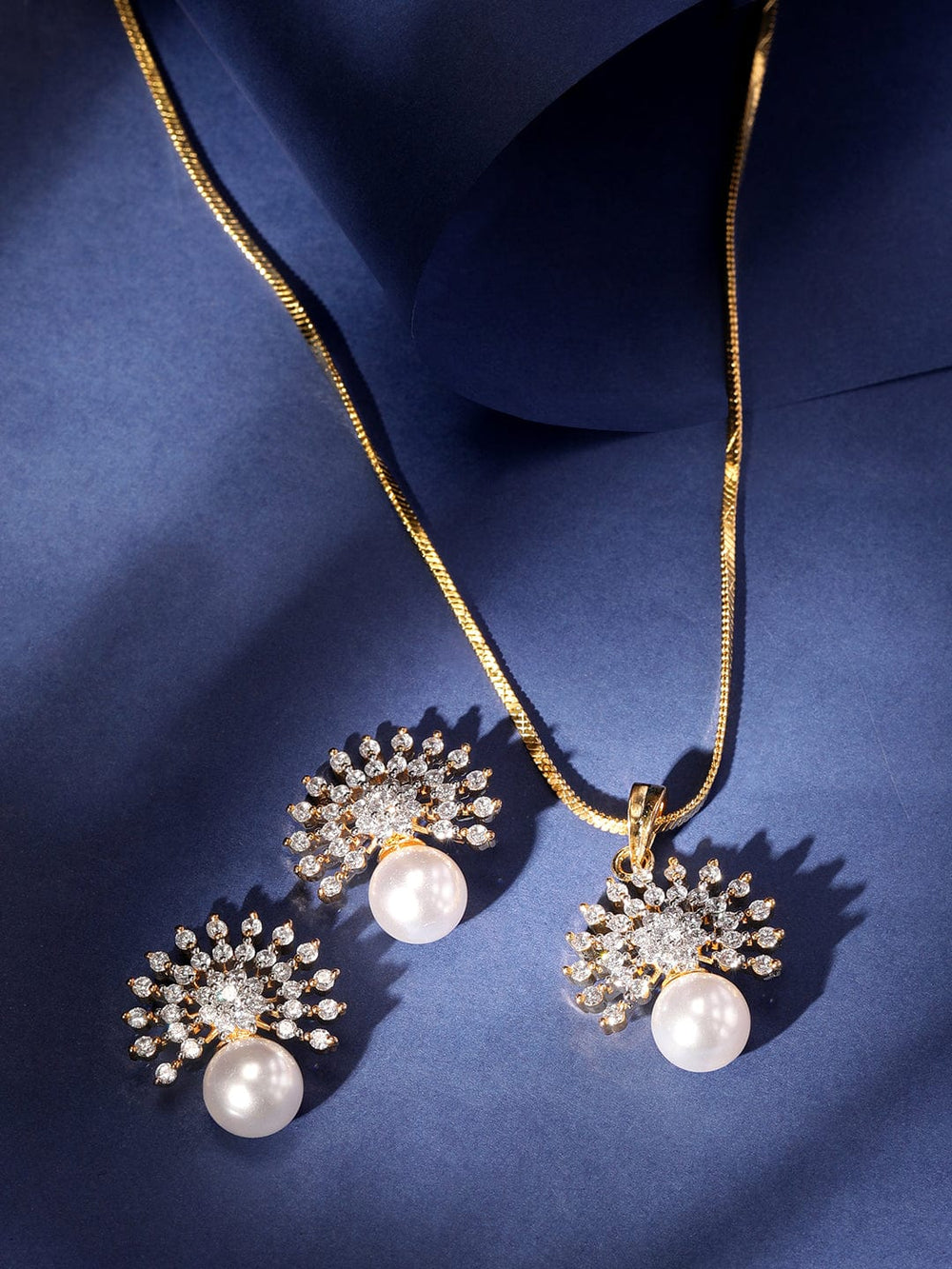 Rubans 22K Gold Plated Pave Zirconia & Pearl Studded Radiant Pendant Set Jewellery Sets