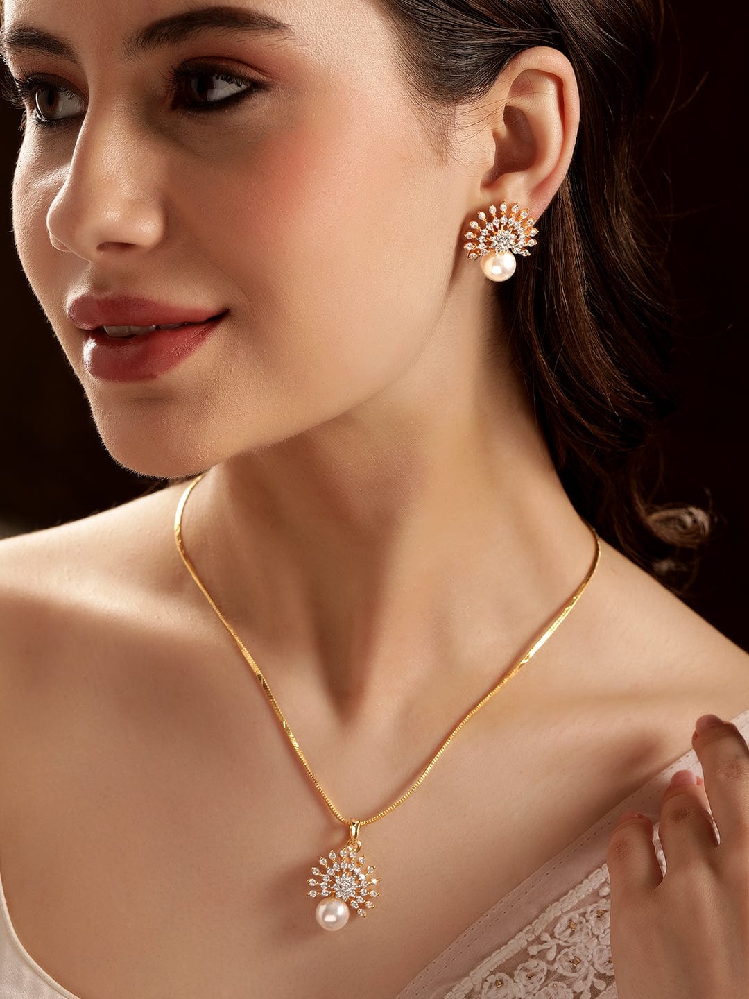 Rubans 22K Gold Plated Pave Zirconia & Pearl Studded Radiant Pendant Set Jewellery Sets