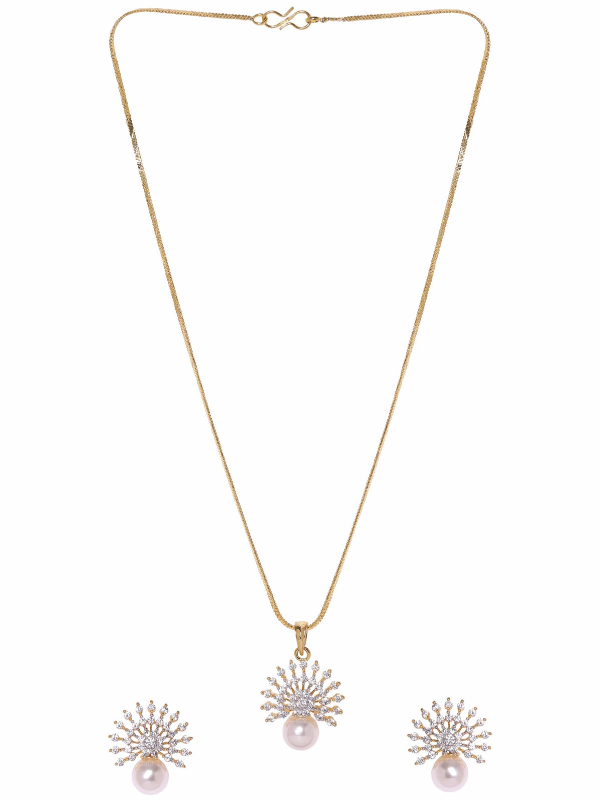 Rubans 22K Gold Plated Pave Zirconia & Pearl Studded Radiant Pendant Set Jewellery Sets