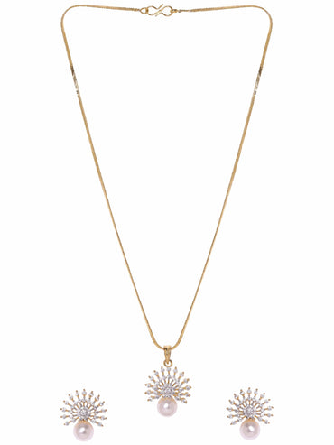 Rubans 22K Gold Plated Pave Zirconia & Pearl Studded Radiant Pendant Set Jewellery Sets
