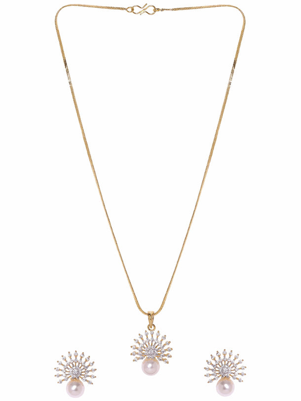 Rubans 22K Gold Plated Pave Zirconia & Pearl Studded Radiant Pendant Set Jewellery Sets