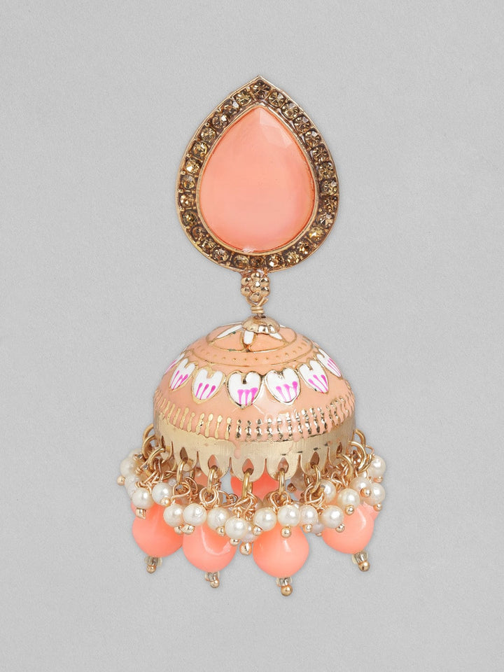 Rubans 22K Gold Plated Peach Enamel, AD Studded, Pearl Beaded Jhumka Earrings Jhumka Earrings