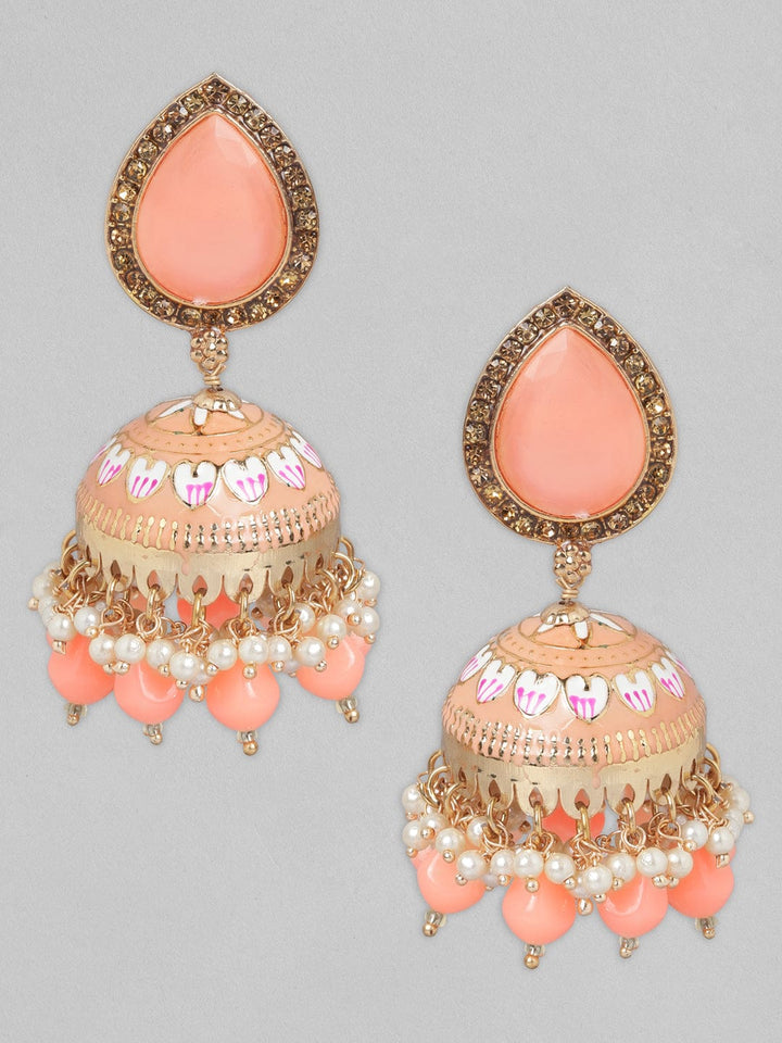 Rubans 22K Gold Plated Peach Enamel, AD Studded, Pearl Beaded Jhumka Earrings Jhumka Earrings