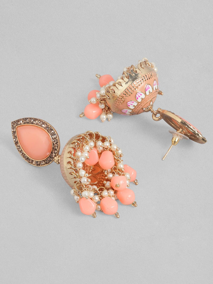 Rubans 22K Gold Plated Peach Enamel, AD Studded, Pearl Beaded Jhumka Earrings Jhumka Earrings