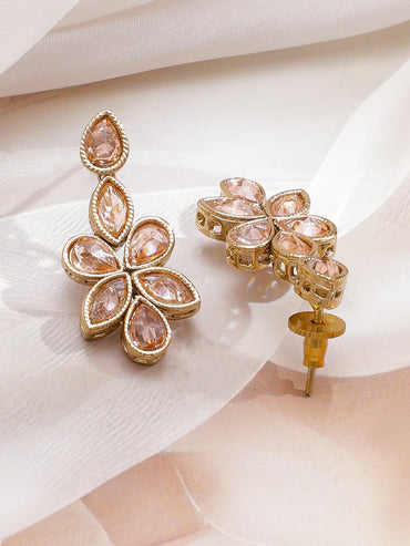 Rubans 22K Gold-Plated Peach Kundan Studded Floral Motif Necklace Set with Earrings Jewellery Set