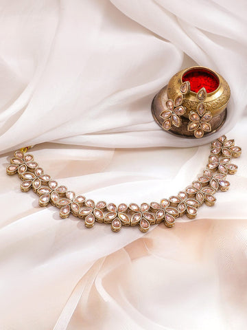 Rubans 22K Gold-Plated Peach Kundan Studded Floral Motif Necklace Set with Earrings Jewellery Set