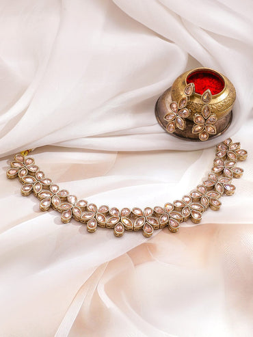 Rubans 22K Gold-Plated Peach Kundan Studded Floral Motif Necklace Set with Earrings Jewellery Set