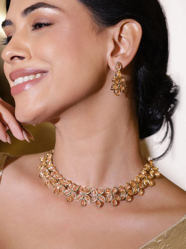 Rubans 22K Gold-Plated Peach Kundan Studded Floral Motif Necklace Set with Earrings Jewellery Set