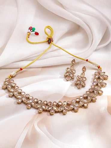 Rubans 22K Gold-Plated Peach Kundan Studded Floral Motif Necklace Set with Earrings Jewellery Set