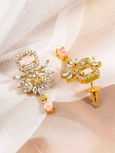 Rubans 22K Gold-Plated Peach Pink Stone White Cubic Zirconia & Pearl Accented Floral Necklace Set for Women Jewellery Set