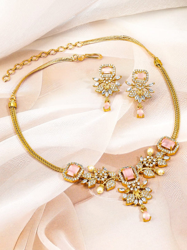Rubans 22K Gold-Plated Peach Pink Stone White Cubic Zirconia & Pearl Accented Floral Necklace Set for Women Jewellery Set