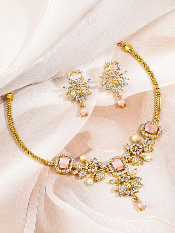 Rubans 22K Gold-Plated Peach Pink Stone White Cubic Zirconia & Pearl Accented Floral Necklace Set for Women Necklaces, Necklace Sets, Chains & Mangalsutra
