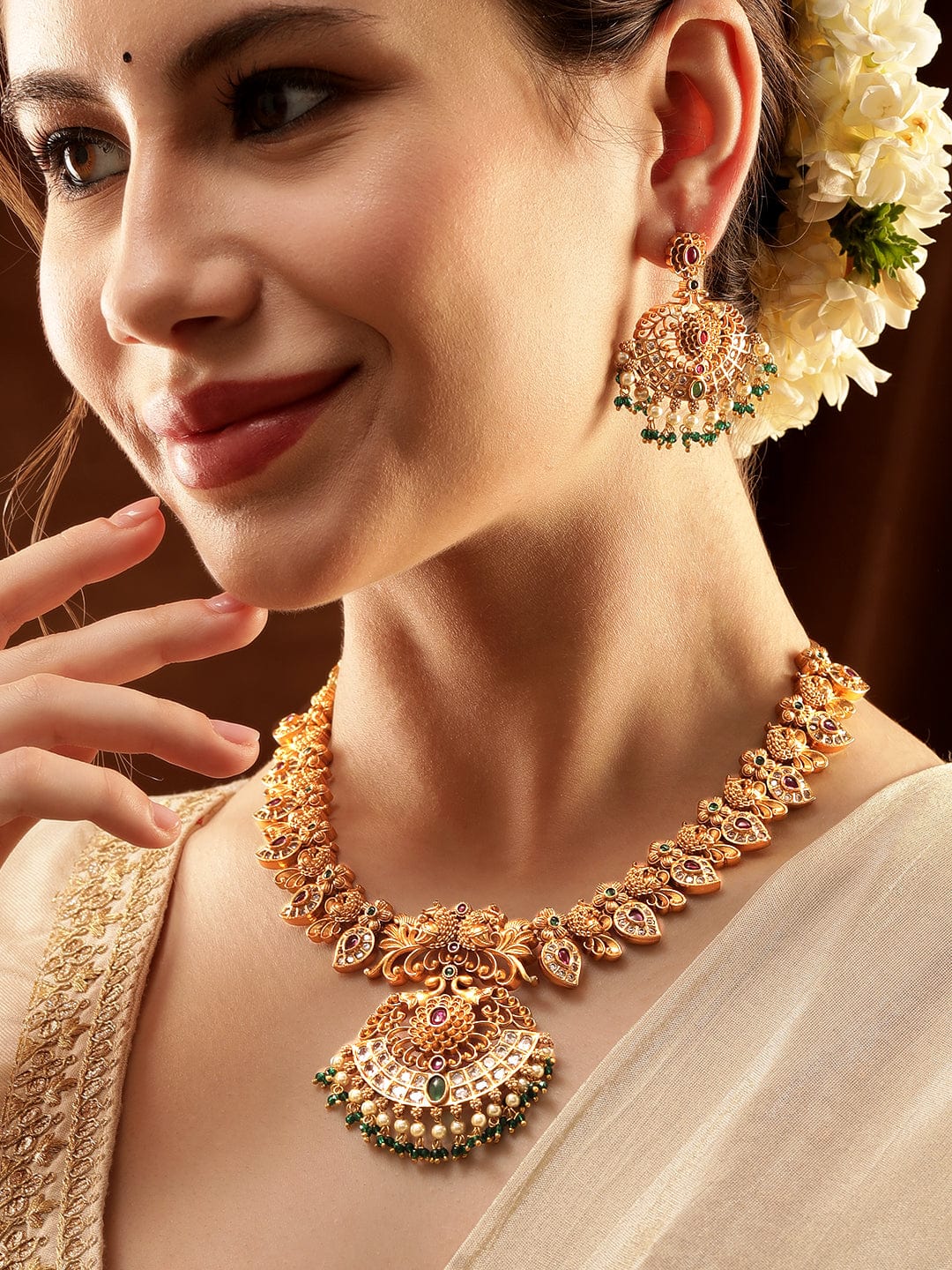 Rubans 22K Gold-Plated Peacock Motif Kemp & Zirconia Crystal Studded Pearl Beaded Handcrafted Necklace Set Jewellery Sets