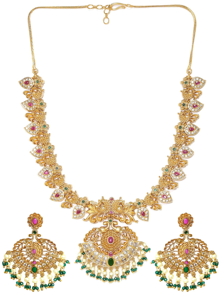 Rubans 22K Gold-Plated Peacock Motif Kemp & Zirconia Crystal Studded Pearl Beaded Handcrafted Necklace Set Jewellery Sets