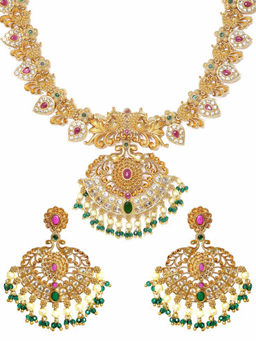 Rubans 22K Gold-Plated Peacock Motif Kemp & Zirconia Crystal Studded Pearl Beaded Handcrafted Necklace Set Jewellery Sets