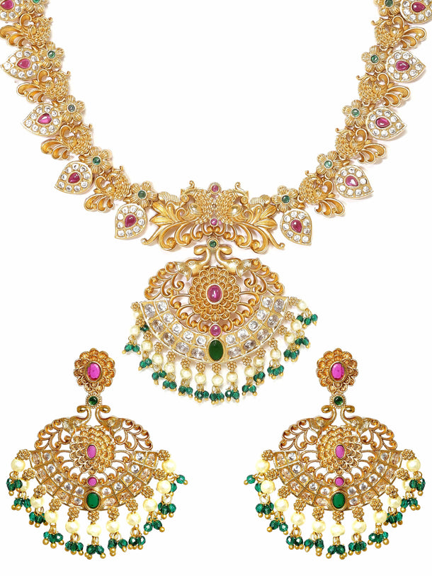 Rubans 22K Gold-Plated Peacock Motif Kemp & Zirconia Crystal Studded Pearl Beaded Handcrafted Necklace Set Jewellery Sets