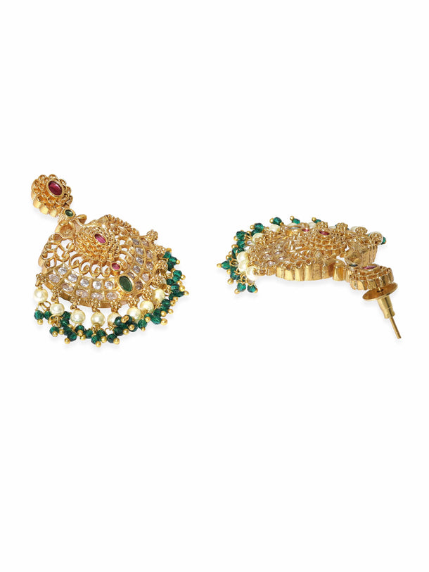 Rubans 22K Gold-Plated Peacock Motif Kemp & Zirconia Crystal Studded Pearl Beaded Handcrafted Necklace Set Jewellery Sets