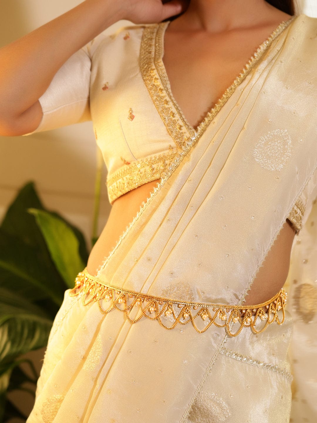 Rubans 22k Gold-Plated Pearl Beaded Handcrafted Traditional Kamarbandh Saree Accessories