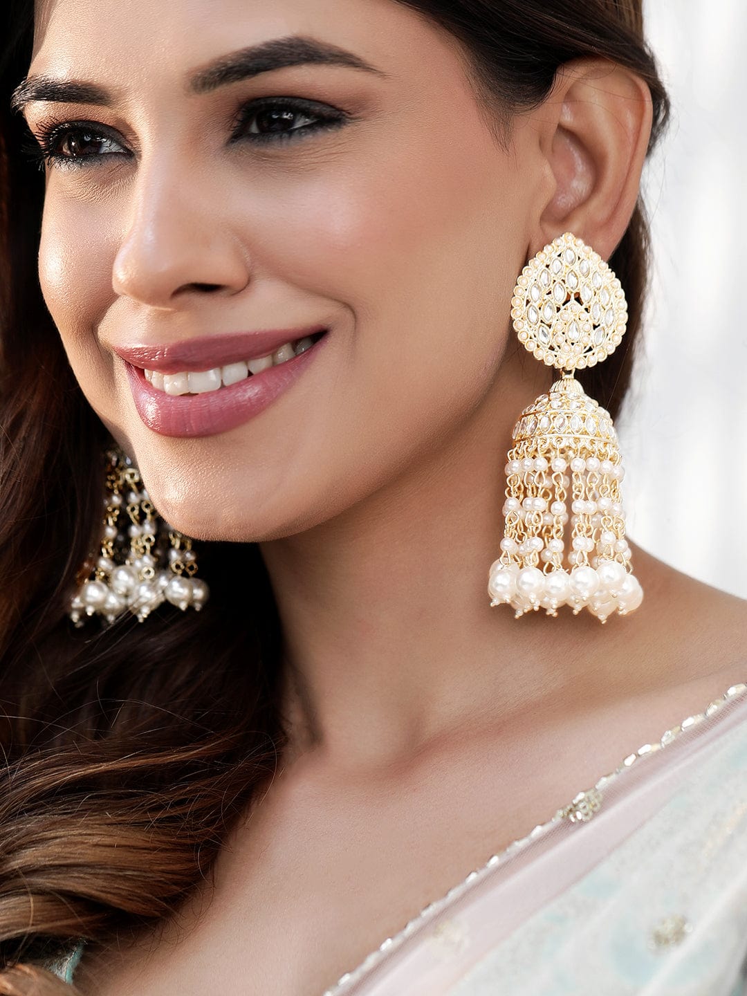 Rubans 22K Gold Plated Pearl Beaded Kundan Jhumka Earring Earrings