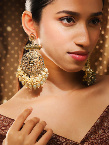 Rubans 22K Gold-Plated Pearl & Grey Stone Studded & Beaded Big Traditional Chandbali Earrings Chandbali Earrings