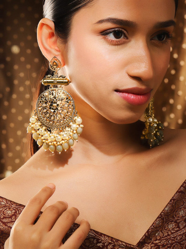 Rubans 22K Gold-Plated Pearl & Grey Stone Studded & Beaded Big Traditional Chandbali Earrings Chandbali Earrings