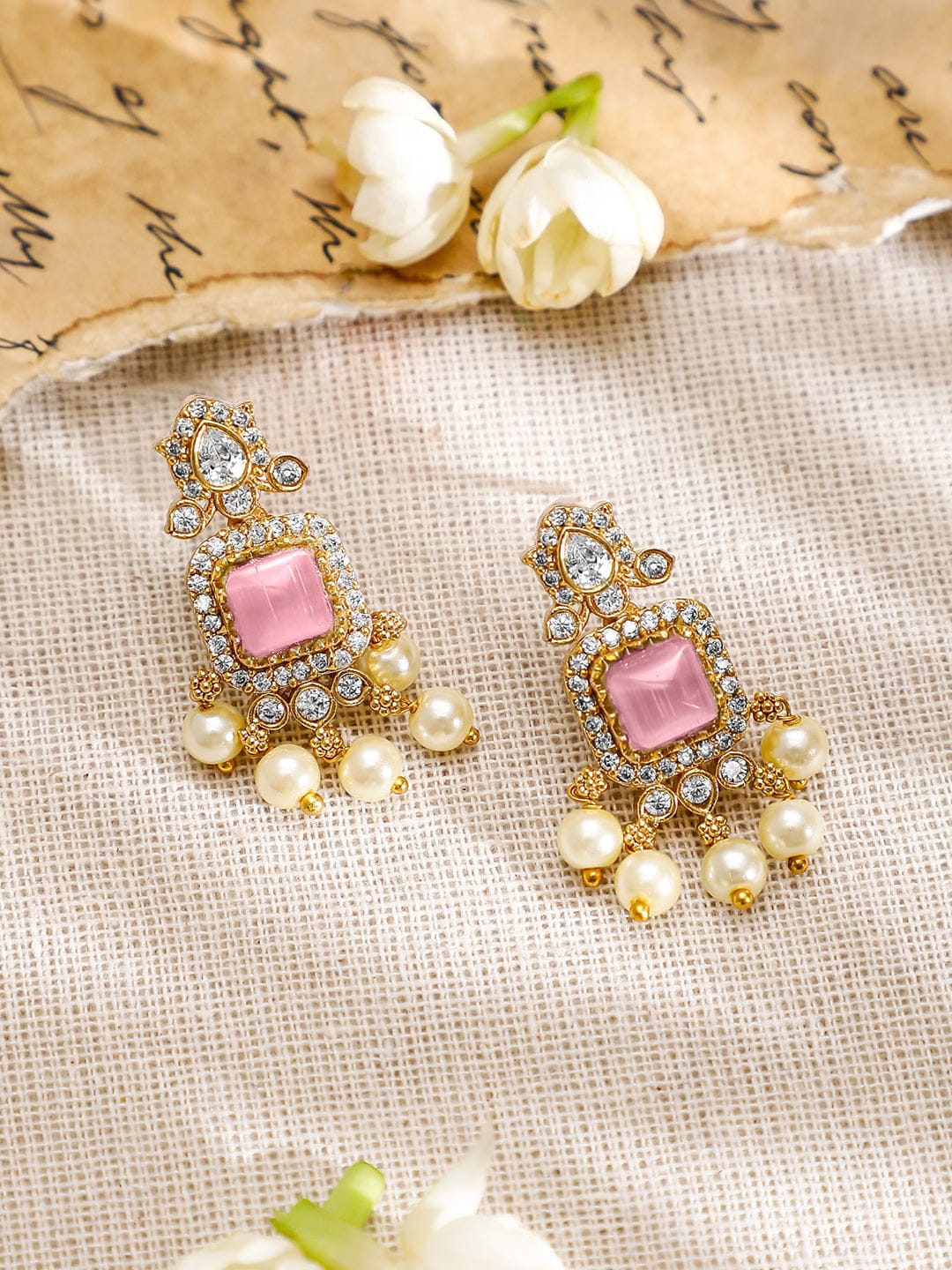 Rubans 22K Gold-Plated Pink AD & White CubicZirconia Studded Jewellery Set with Pearl Drop Jewellery Set