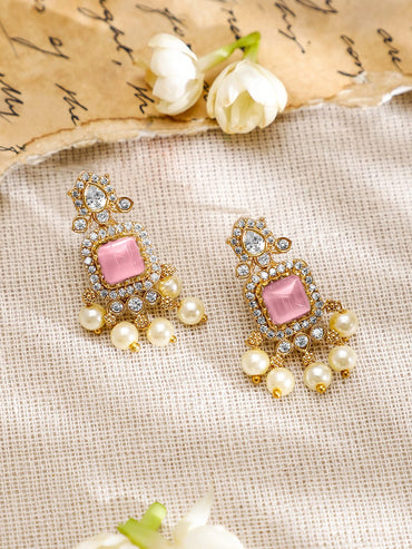 Rubans 22K Gold-Plated Pink AD & White CubicZirconia Studded Jewellery Set with Pearl Drop Jewellery Set