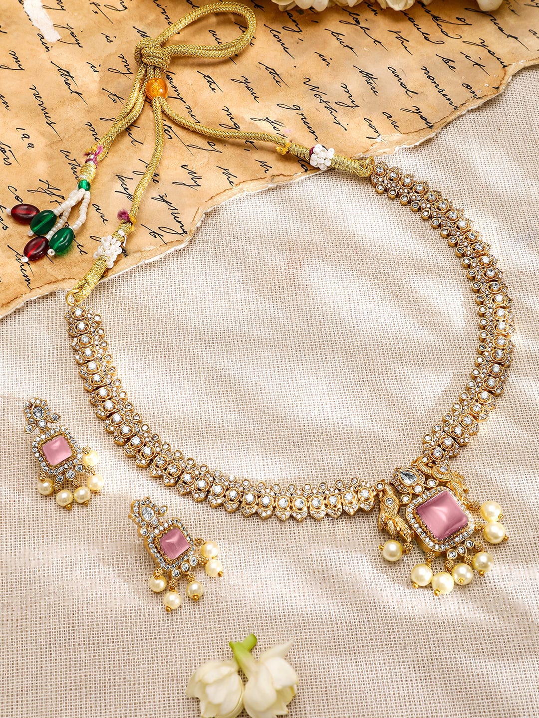 Rubans 22K Gold-Plated Pink AD & White CubicZirconia Studded Jewellery Set with Pearl Drop Jewellery Set