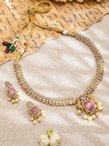 Rubans 22K Gold-Plated Pink AD & White CubicZirconia Studded Jewellery Set with Pearl Drop Jewellery Set