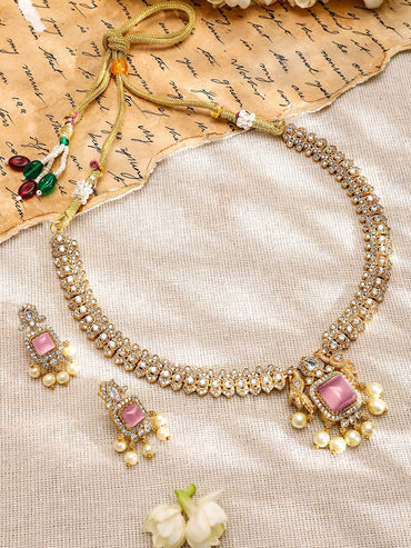 Rubans 22K Gold-Plated Pink AD & White CubicZirconia Studded Jewellery Set with Pearl Drop Jewellery Set
