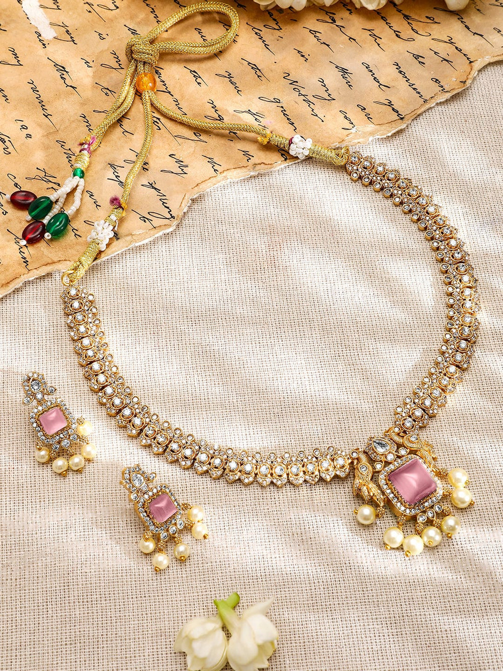 Rubans 22K Gold-Plated Pink AD & White CubicZirconia Studded Jewellery Set with Pearl Drop Ring