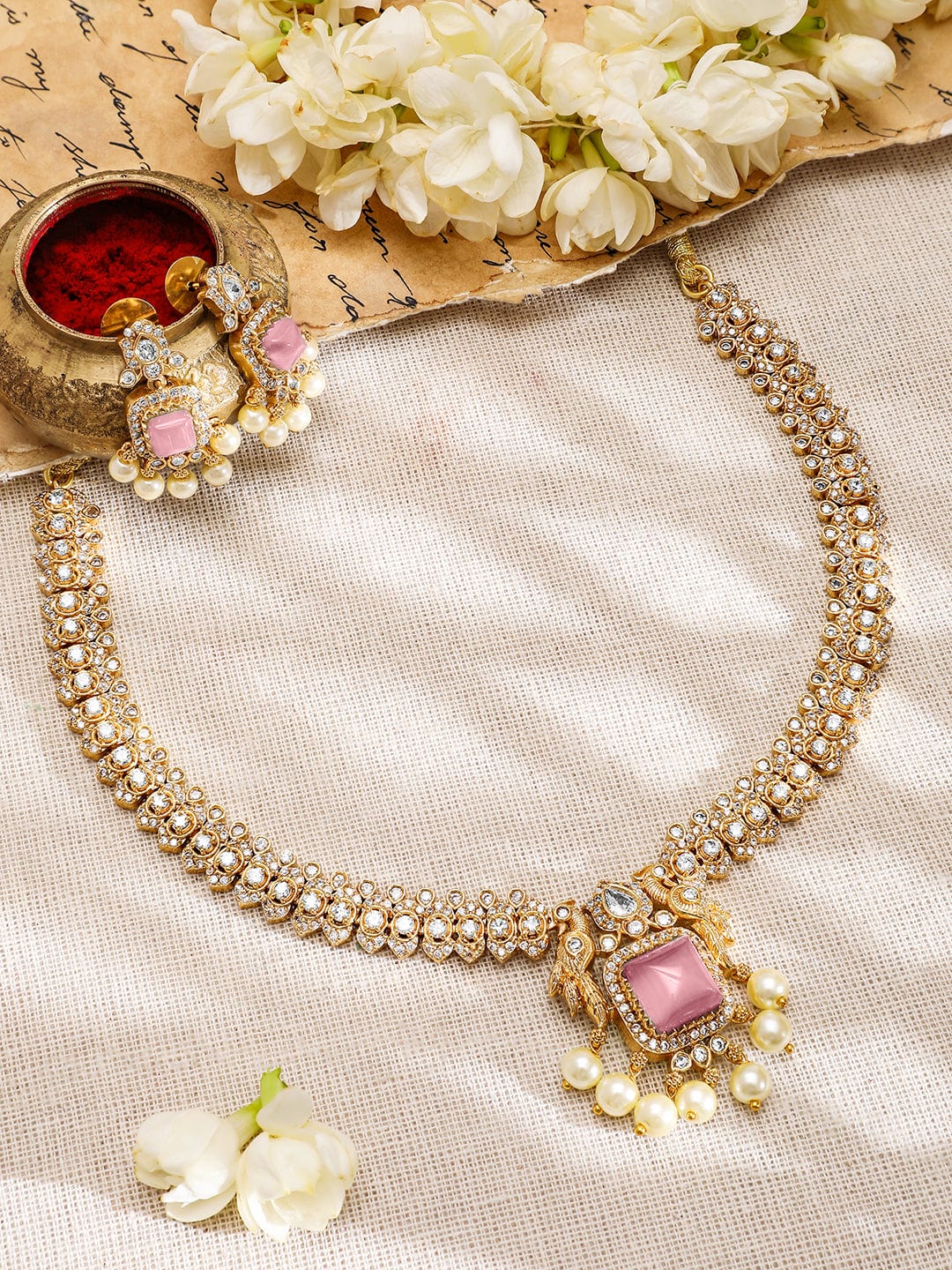 Rubans 22K Gold-Plated Pink AD & White CubicZirconia Studded Jewellery Set with Pearl Drop Ring