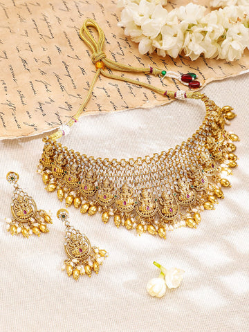 Rubans 22K Gold-Plated Pink Green & Cubic Zirconia Divine Lakshmi Temple Choker Set Jewellery Set