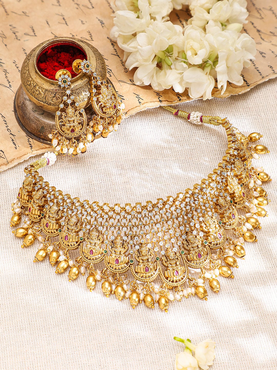 Rubans 22K Gold-Plated Pink Green & Cubic Zirconia Divine Lakshmi Temple Choker Set Necklace Set