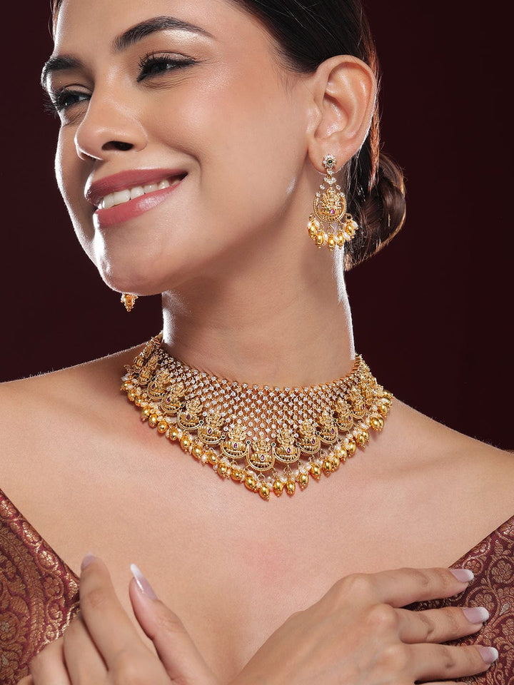 Rubans 22K Gold-Plated Pink Green & Cubic Zirconia Divine Lakshmi Temple Choker Set Necklace Set