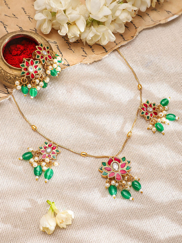 Rubans 22K Gold-Plated Pink & Green Kundan Stone Long Necklace Set with Earrings Jewellery Set