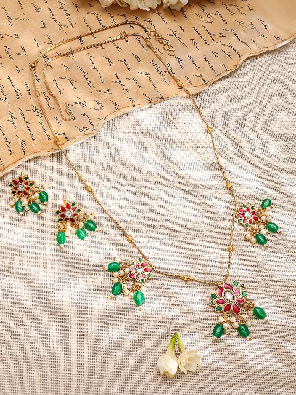 Rubans 22K Gold-Plated Pink & Green Kundan Stone Long Necklace Set with Earrings Jewellery Set
