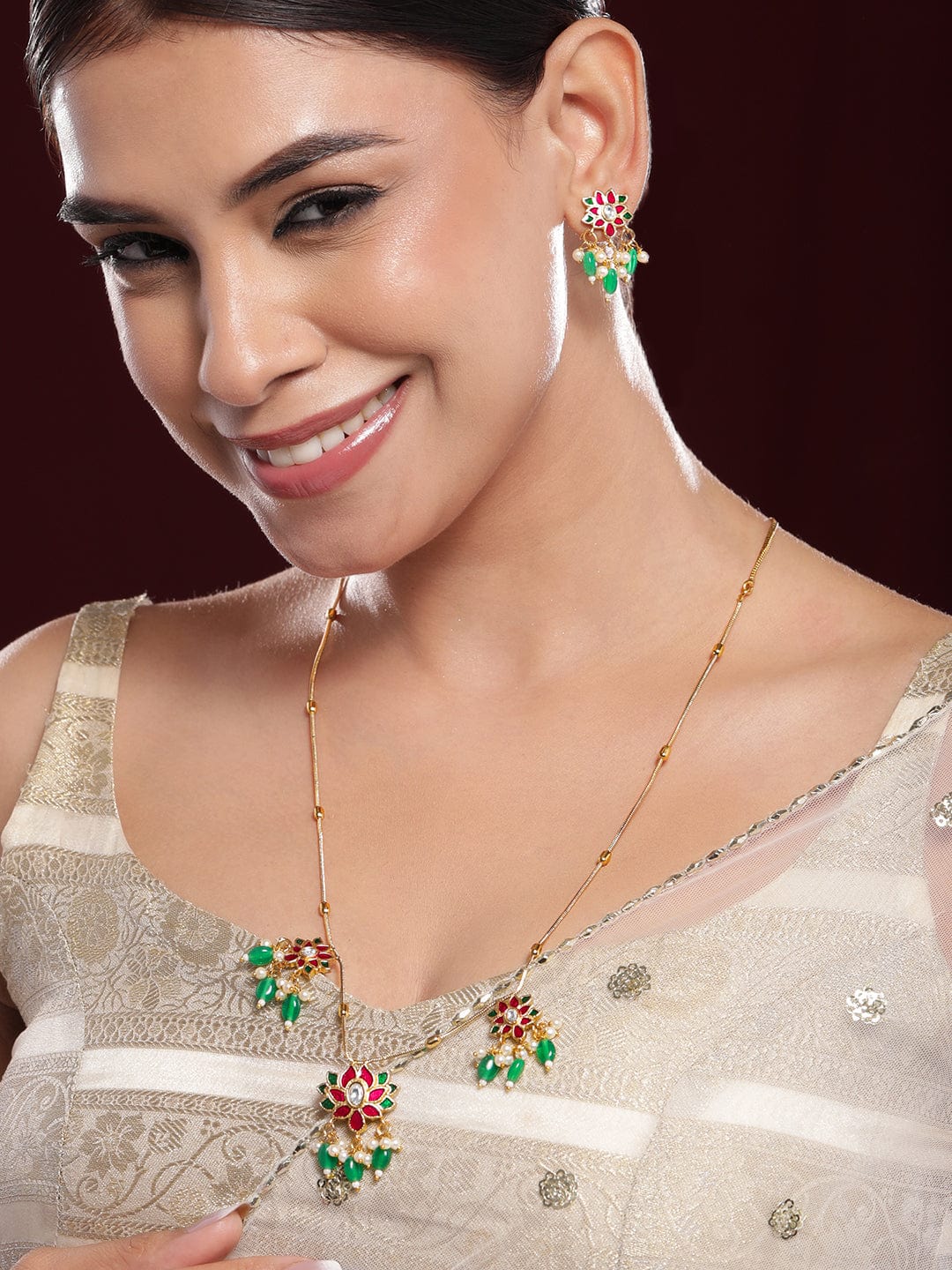 Rubans 22K Gold-Plated Pink & Green Kundan Stone Long Necklace Set with Earrings Necklace set