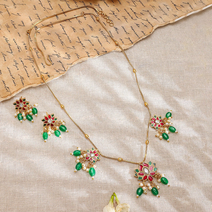 Rubans 22K Gold-Plated Pink & Green Kundan Stone Long Necklace Set with Earrings Necklace set