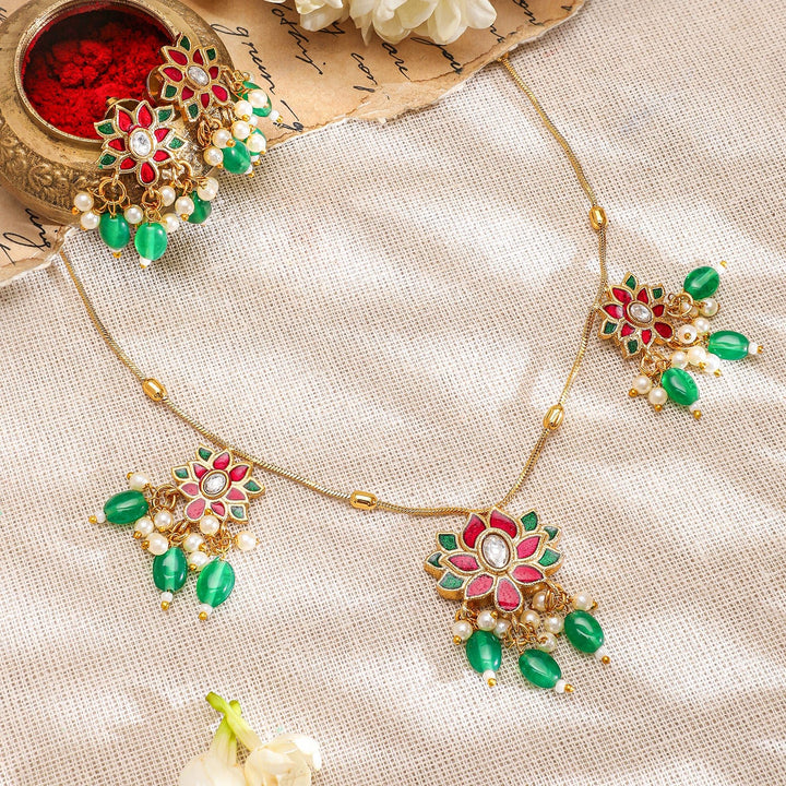 Rubans 22K Gold-Plated Pink & Green Kundan Stone Long Necklace Set with Earrings Necklace set