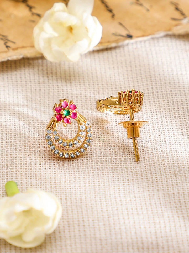 Rubans 22K Gold-Plated Pink & Green Stone Cubic Zirconia Necklace Set with Matching Earring Jewellery Set