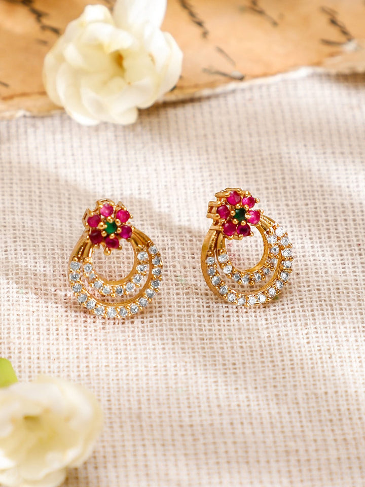 Rubans 22K Gold-Plated Pink & Green Stone Cubic Zirconia Necklace Set with Matching Earring Jewellery Set